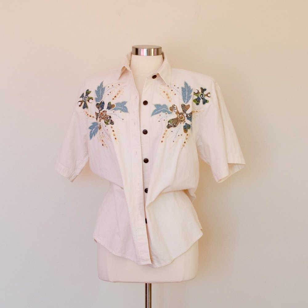 Vintage Jane Ashley Pearl Beaded Embroidered Cotton Shirt, 1990's Embellished
